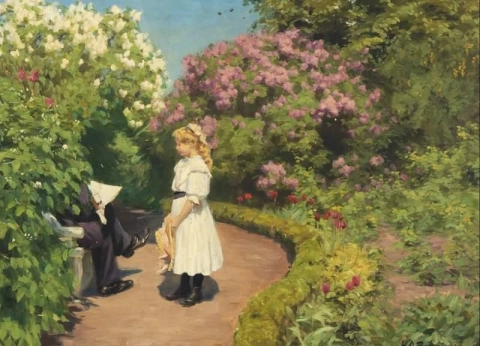 Gesprek in een bloeiend park 1910