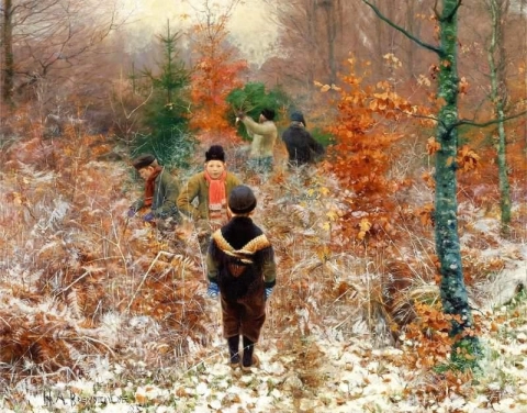 Kapping av juletrær i skogen i forgrunnen Gutter som leker i snøen 1885