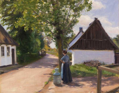 農夫と牛乳配達人がいるデンマークの村の通り 1880 年頃