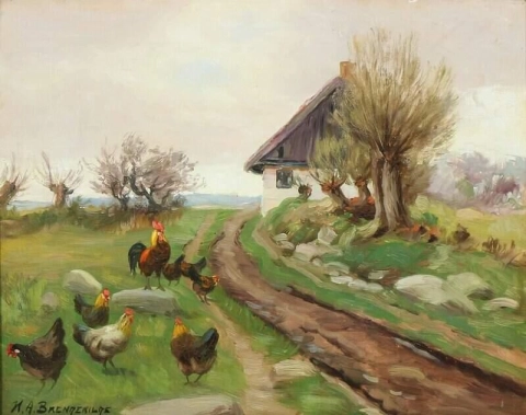 Bauernhaus-Außenseite mit Hühnern