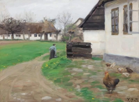 Bauernhaus-Außenseite mit alter Dame und Hühnern
