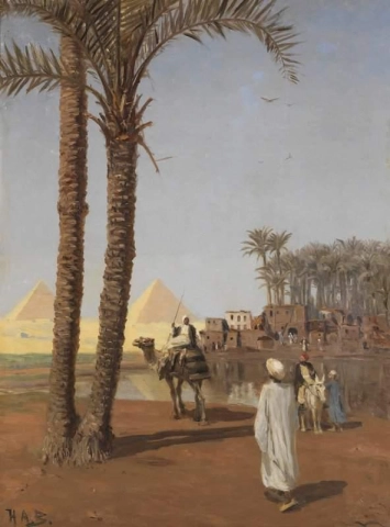 مشهد شرقي في الخلفية أهرامات الجيزة. ثمانينيات القرن التاسع عشر