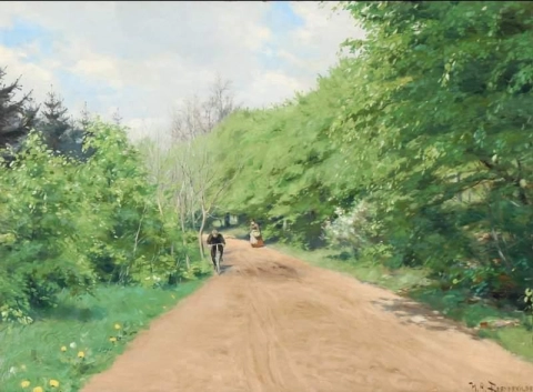People On A Forest Road On A Summer Day