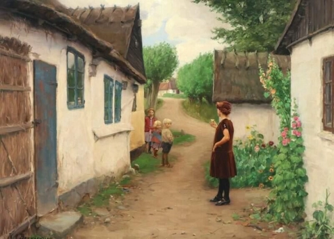 若い女性と子供たちとの小さな村の生活