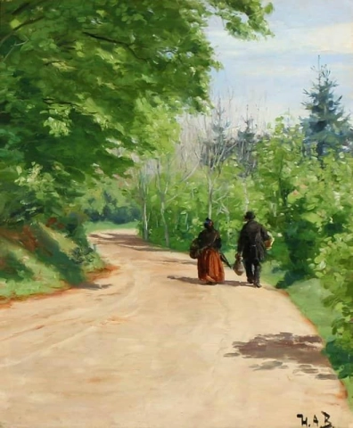 Estrada da floresta de primavera com um casal caminhando