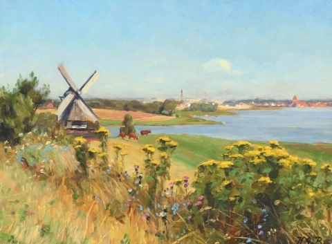Paisagem de verão com um moinho de vento provavelmente em Middelfart