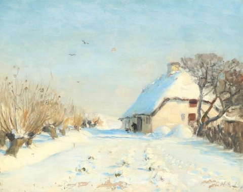 Солнечный зимний пейзаж с фермерским домом