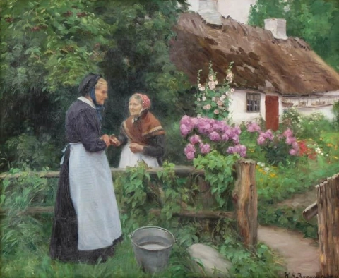 Zwei alte Damen an einem Gartentor 1913