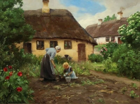 View From A Cottage With Mother And Daughter Working In The Garden