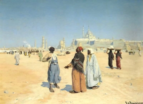 Uitzicht vanaf de woestijn van Caïro met de citadel en Mamluk-graven op de achtergrond, 1890