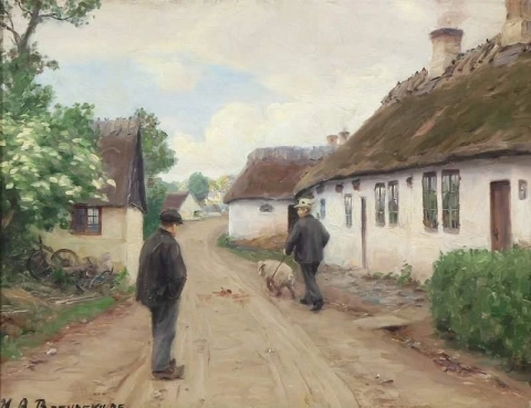 Village Scene With A Farmer And His Pig