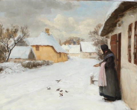 Зимний пейзаж с пожилой женщиной, кормящей воробьев