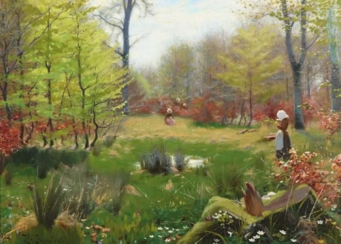Meninas colhendo anêmonas em uma floresta de primavera