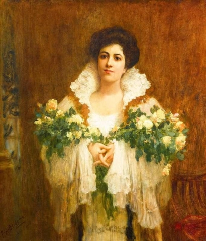 En dame som holder buketter med gule roser 1903