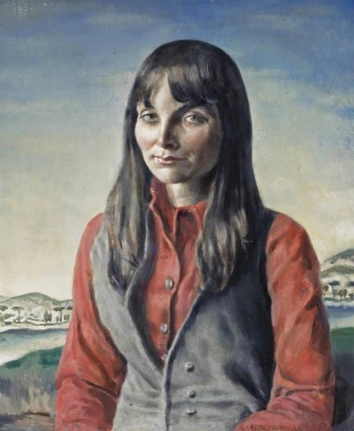 Porträtt av en dam i en svart väst och röd skjorta i ett vidsträckt landskap
