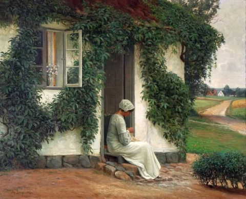 Buitenkant met een vrouw die aan de deur naait, 1912