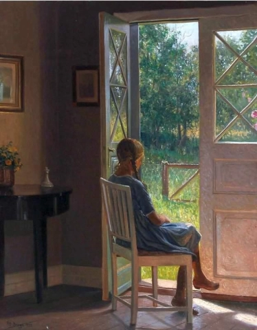Interior com uma garota olhando para o jardim, 1920