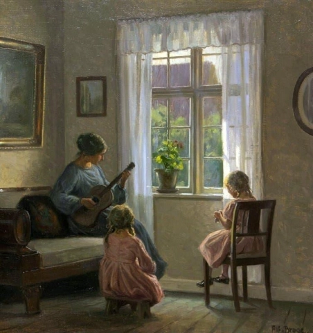 Interior With A Mother Playing Guitar For The Girls
