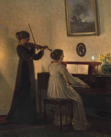 Interiør med to kvinner som spiller musikk ved levende lys 1918