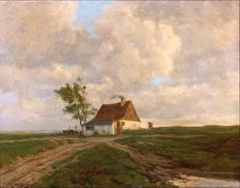 Landscape With A Farmhouse Bathed In Evening Light In The Distance A Fiord