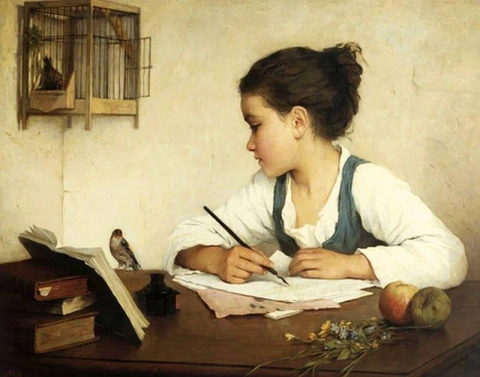 Een meisje dat het huisdier distelvink schrijft, 1870