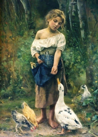 Menina alimentando um ganso