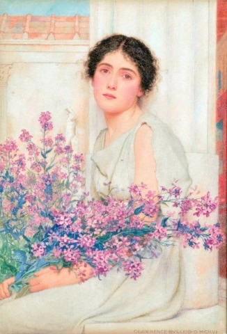 فتاة بجوار النافذة تحمل مكنسة في ذراعها 1906