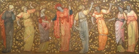 Fris av åtta kvinnor som samlar äpplen 1876