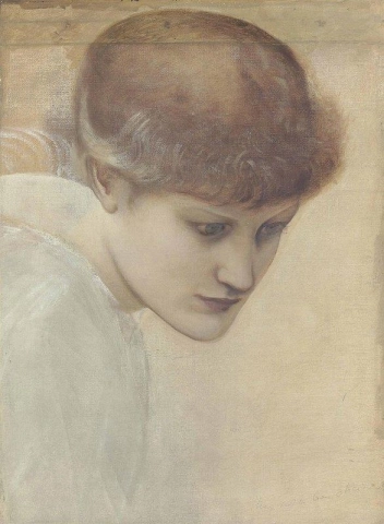 Hoofdstudie van Dorothy Dene die naar beneden kijkt naar de gouden trap, ca. 1875