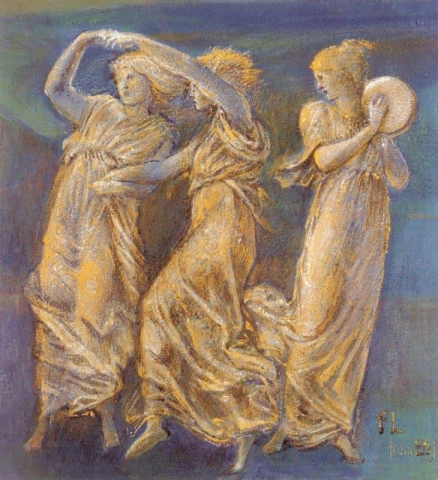 Drei weibliche Figuren tanzen und spielen