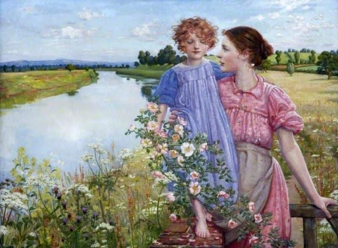 Una madre e un bambino vicino a un fiume con rose selvatiche 1900