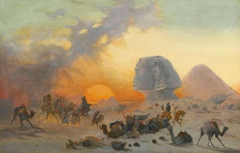 Eine Karawane auf der Flucht aus einem Wüstensimoom in der Nähe der Sphinx