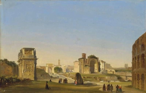 Una vista del foro con el arco de Constantino y el templo de Venus en Roma