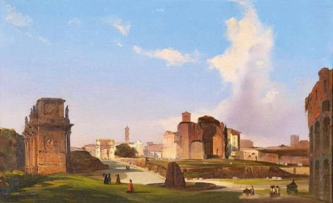Uma vista do Fórum Romano com o Arco de Constantino, o Templo de Vênus e os Meta Sudanos no centro 1835-37