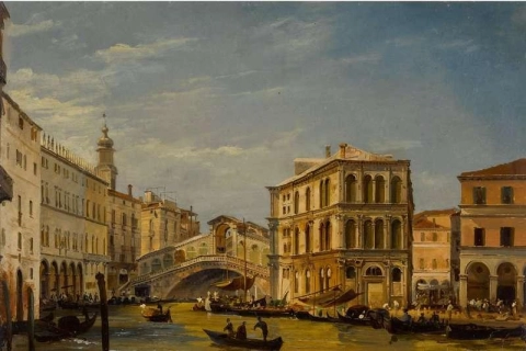 Venedig Ein Blick Auf Den Canal Grande Mit Der Rialtobrücke Und Dem Palazzo Dei Camerlenghi