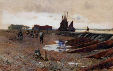 Пляжная сцена с рыбаками на берегу, возможно, Франция