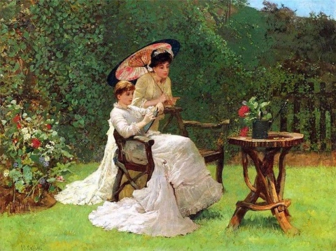 Två Kvinnor I En Trädgård