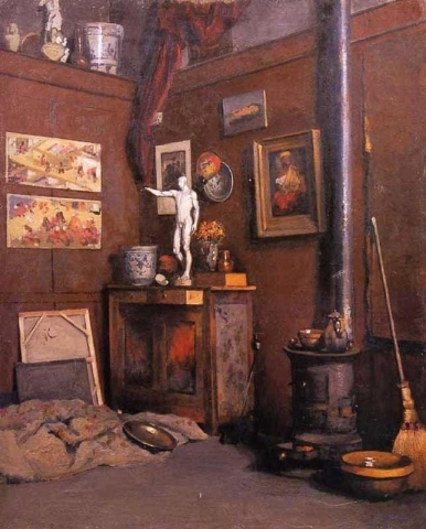 Studion sisällä tai studion sisällä, jossa on liesi 1872-74