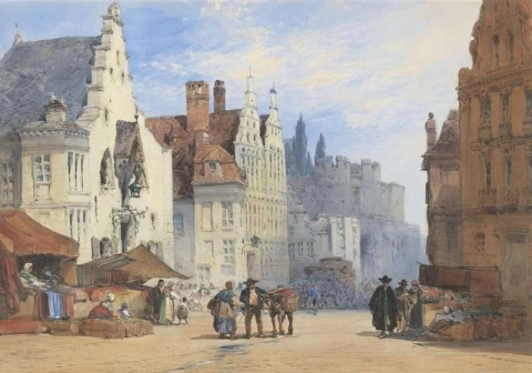 Der Gemüsemarkt Gent mit der Burg Gravensteen aus Geldmunt im Hintergrund von 1863