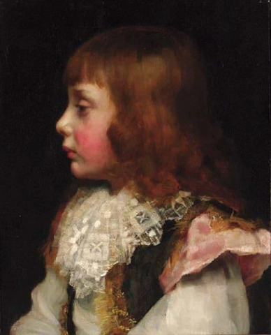 Ritratto di un ragazzo a un quarto di lunghezza con un gilet marrone e un colletto di pizzo bianco