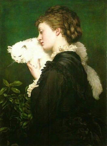 片方の肩に白いペルシャ猫を乗せたメイ・プリンセップの肖像画 1875年