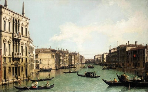 Venetië - Het Canal Grande, kijkend naar het noordoosten van Palazzo Balbi naar de Rialtobrug