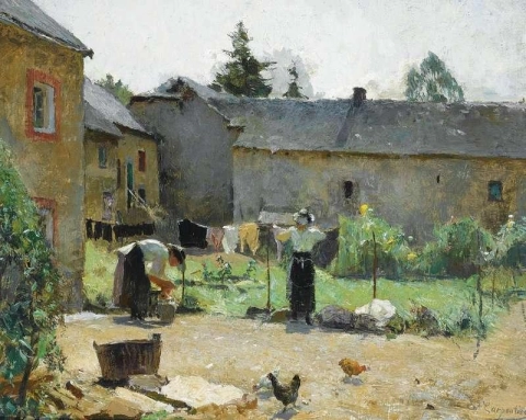 Women Hanging The Laundry Out To Dry In A Courtyard