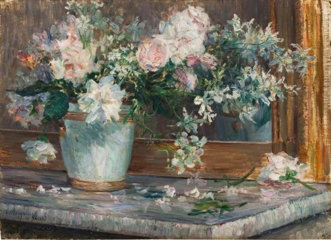 A Bouquet Of Iris, Roses And Jasmine In A Vase Placed On A Fireplace Mantel 1901