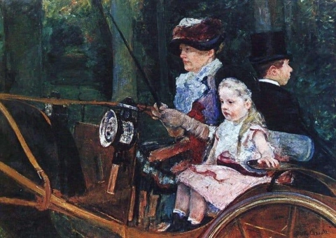 Eine Frau und ein Mädchen fahren 1881