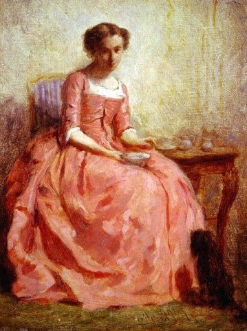 Mädchen in einem rosa Kleid liest mit einem Hund