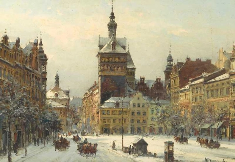 Сцена на оживленной зимней улице
