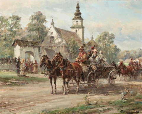 Hevoskärryt kirkon ulkopuolella