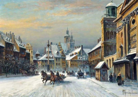Troikat juoksevat lumen läpi Varsovan kuningas Sigismundin linnaaukion patsaan eteen