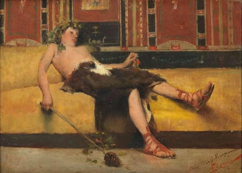 A Bacchante Holding A Tthyrsus Reclining In A Classical Interior